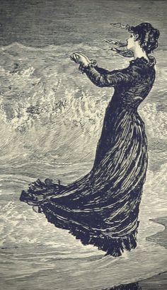 a woman in a long dress is standing on the beach with her hands out to the water