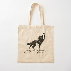 a tote bag with a drawing of a bird on it's back and legs