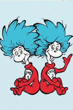 two cartoon characters with blue hair sitting next to each other on a light blue background