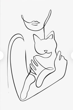 a black and white drawing of a woman holding a cat