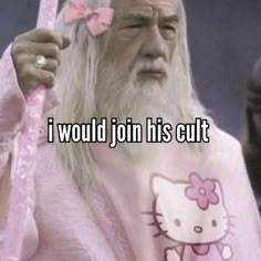 an old man with long white hair and a hello kitty t - shirt holding a pink ribbon