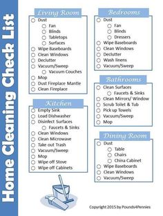 the home cleaning checklist is shown in this blue and white printable poster,