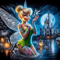 tinkerbell from the disney movie is holding a lantern in front of a castle