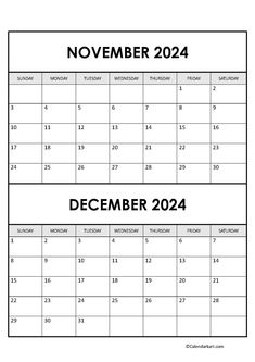 november and december calendars with the holidays in each month on one page, which is blank