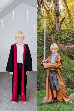 two children dressed up as harry potters and the boy in his robe is holding a wand