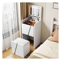 a bedroom with a white vanity and stool