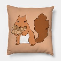 a brown pillow with a cartoon squirrel holding a nut