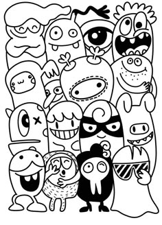 black and white drawing of cartoon monsters with faces on the front, back and side