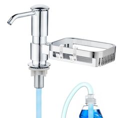 a water faucet and soap dispenser are shown with the bottle