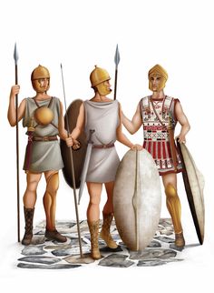 three roman soldiers standing next to each other