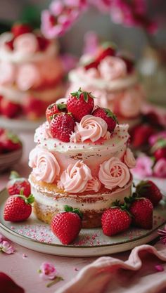 there is a cake that has strawberries on it