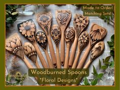 woodburned spoons with floral designs made to order in matching sets for sale