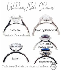 four different types of engagement rings with their names on the front and side, including an oval