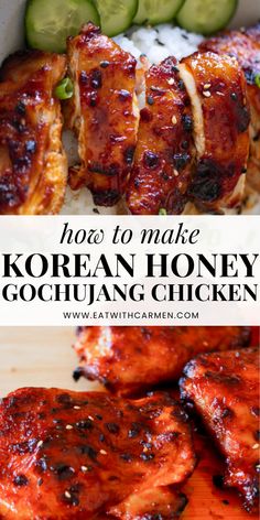 how to make korean honey gochuang chicken with cucumbers and rice in the background