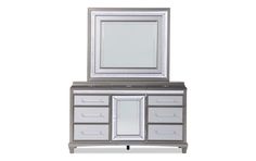 a white and silver vanity with mirror on it's top shelf, against a white background