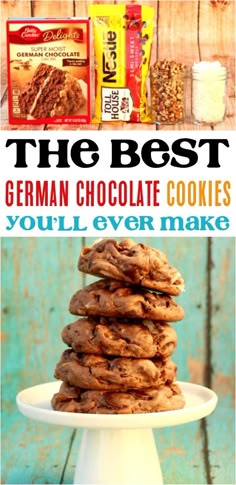 the german chocolate cake mix cookies are stacked on top of each other