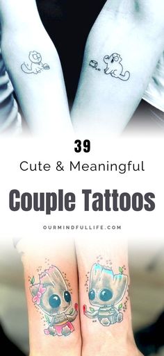 two matching couple tattoos with the words cute and meannful on their wrists