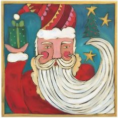 a painting of santa claus holding a christmas present