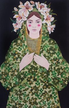 an image of a woman with flowers on her head and hands in front of her face