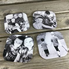 four square coasters with black and white photos on them, one is holding a child