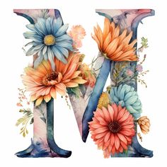 the letter m is made up of flowers and watercolors on paper, with leaves