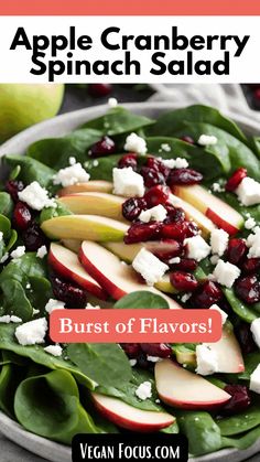 an apple cranberry spinach salad in a bowl with the words burst of flavors