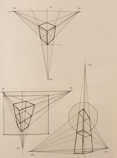 three diagrams showing the different angles of an object, and how to draw them with pencils