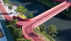 an artist's rendering of a pink pedestrian bridge over a river in the city