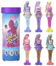 barbie dolls are shown in front of a canister with different colors and designs on it