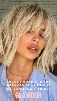 Blond Shaggy Bob With Bangs, Rock And Roll Short Hair, Shaggy Bob For Medium Hair, Short Women’s Haircuts For Thick Hair, Bob Shaggy Haircuts, Blonde Choppy Bob With Bangs, Platinum Shaggy Bob, Shag Bob For Thick Hair, Blonde Choppy Bob With Fringe