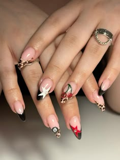 Trendy Gel X Nails, Complex Nail Art Designs, Nail Ideas Concert, Vintage Almond Nails, Cherry Nails Almond Shape, Different Pattern Nails, Nails Crazy Design, Ny Nails Design, Paris Nails Aesthetic