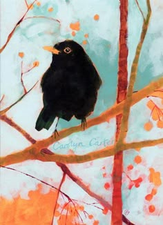 a painting of a black bird perched on a tree branch