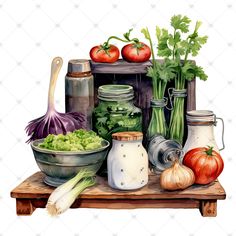 a painting of vegetables and jars on a table