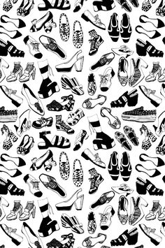 a lot of shoes that are all over the place in black and white, as well as