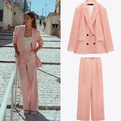 See Description Picture With Details Size Large Blazer +Pants Blazer +Pants Cut Runs Large ***Firm Price*** Summer Blazer, Tie Dye Sweater, Pink Suit, Linen Suit, Pink Pants, Long Sleeve Blazers, Pleated Pants, Linen Trousers, Zara Jackets