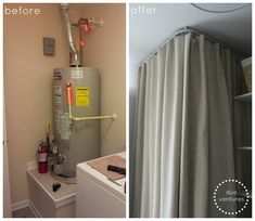 before and after photos of a residential bathroom remodel with an air conditioner