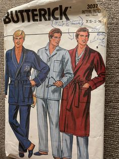 Mens Sizes Xsmall- Small - Medium Butterick #3037 c1984 sewing pattern shawl collar EASY!  Some pieces are UNCUT, in great condition in original package with instructions Robe Pajamas, Pajama Pattern, Convertible Collar, Classic Pajamas, Mens Sleepwear, Pants Details, Couture Vintage, Loose Fitting Tops, Sewing Pattern Sizes