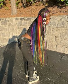 #rainbowhair #blackgirlshairstyles #fulanibraids #lemonadebraids #hairnspo Rainbow Hairstyles For Black Women, Rainbow Braided Hairstyles, Green Bow Hairstyle, Black And Rainbow Braids, Rainbow Peekaboo Braids, Rainbow Braids For Black Women, Black And Green Braids, Colorful Braids For Black Women, Hairstyle Suggestions