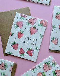 some cards with strawberries on them and the words love you berry much