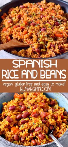 spanish rice and beans in a blue bowl with text overlay that reads vegan, gluten free and easy to make