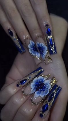 Nail Ideas Quinceanera, Blue Nail Acrylic, Quinceanera Nails Navy Blue, 15 Quinceanera Nails, Blue Nails Quinceanera, Nail Ideas Blinged Out, Royal Blue Nails Xv, Quince Nail Ideas