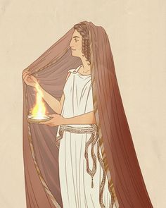 a woman dressed in ancient greek clothing holding a bowl with fire coming out of it