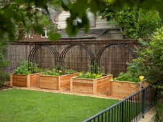 an outdoor garden area with several wooden planters