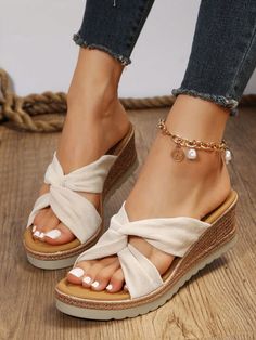 Beige  Collar     Embellished   Women Shoes Sandals Vacation, Shein Wishlist, Vacation Shoes, Sandy Shores, Travel India, Chic Sandals, Strappy Wedges, Stylish Sandals, Espadrille Wedge