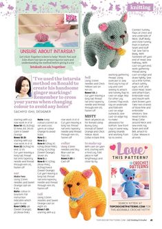 an article in the knitting magazine with pictures of cats and kittens, including two croche