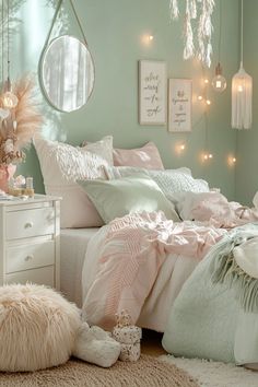 a bedroom decorated in pastel colors with lights on the wall and bed linens