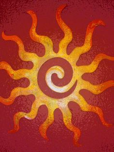 the sun is painted in red and yellow with white swirls on it's center