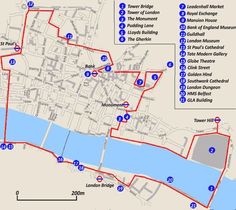 the london marathon route is shown in blue and red, along with other routes for each race