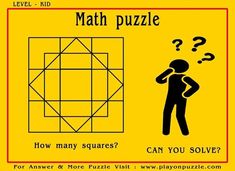 a yellow sign that says, math puzzle how many squares can you solve?