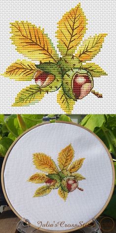 the cross - stitch pattern has been made to look like leaves and acorns